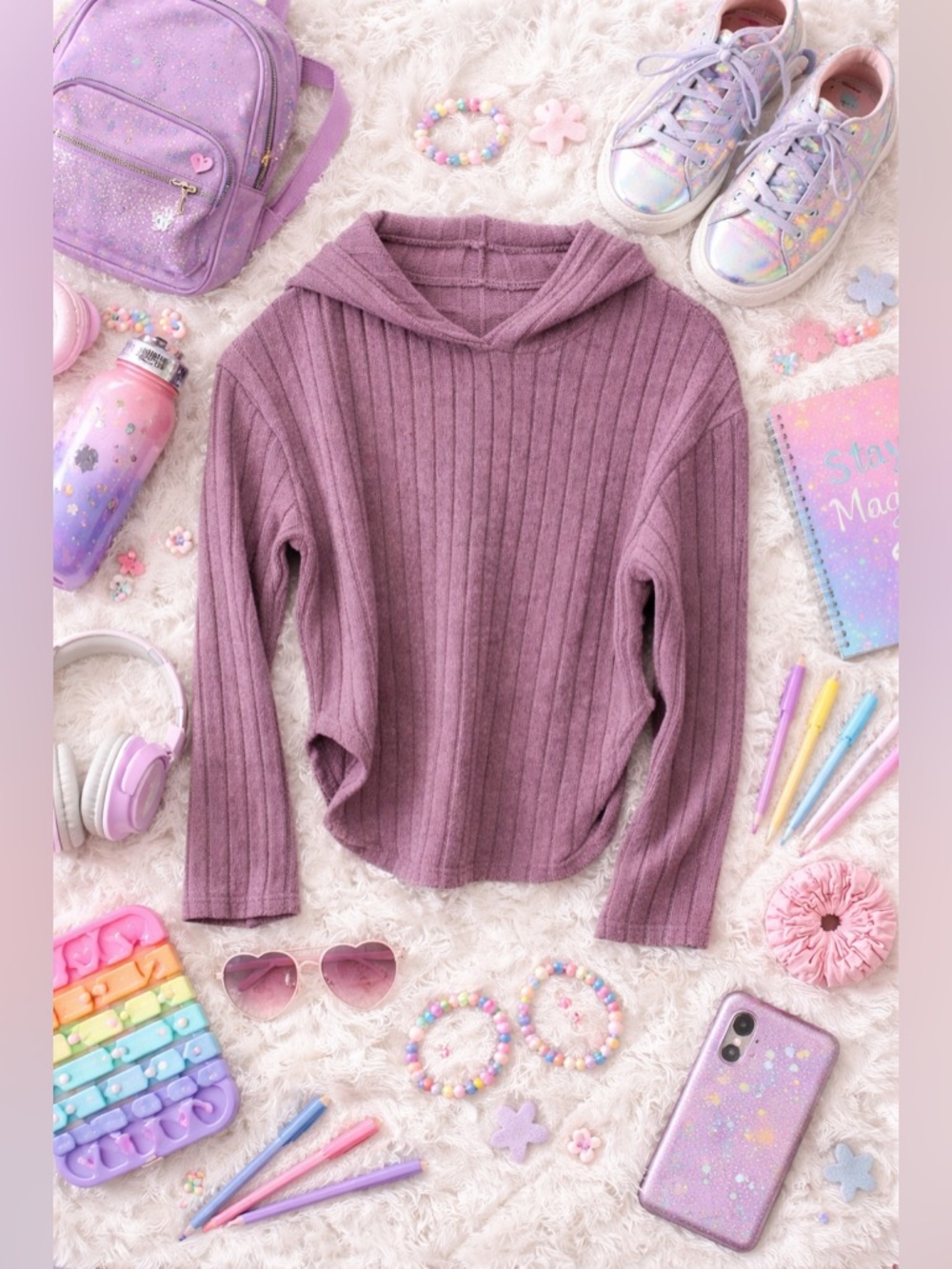 Target Girls Mauve Ribbed Knit Hoodie Sweater Size 11/12 Long Sleeve Hooded Top